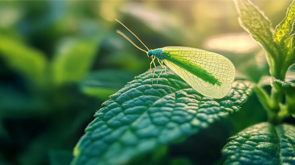 A green lacewing on a leaf, close up