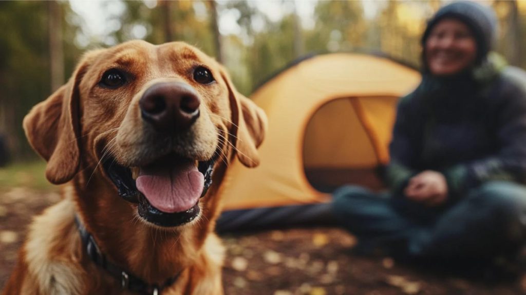 A happy dog in front of a campsite