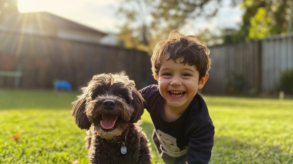 A happy young boy with his rescue dog in the backyard