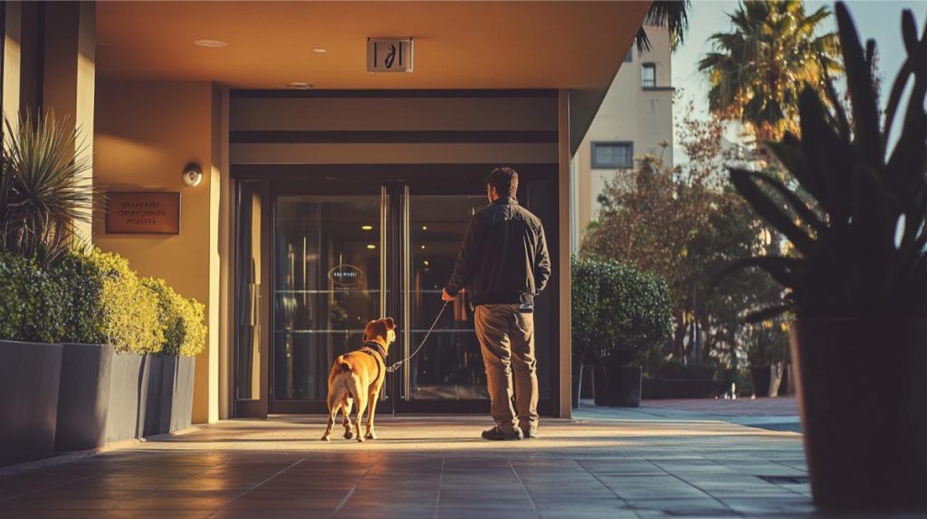 A man and dog walking into the entrance of a hotel