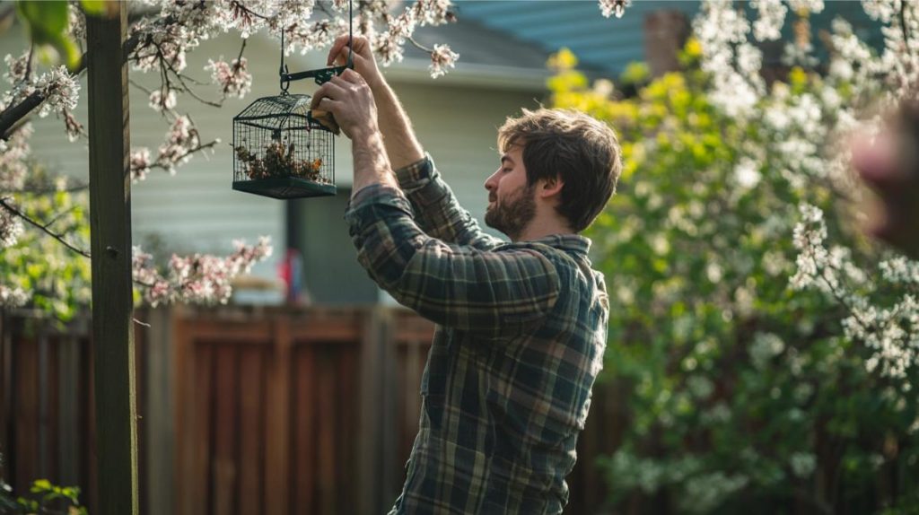 A man hanging a bird feeder