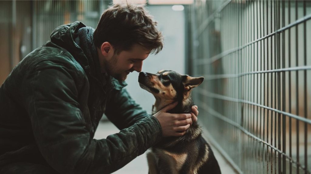 A man petting a dog at a shelter