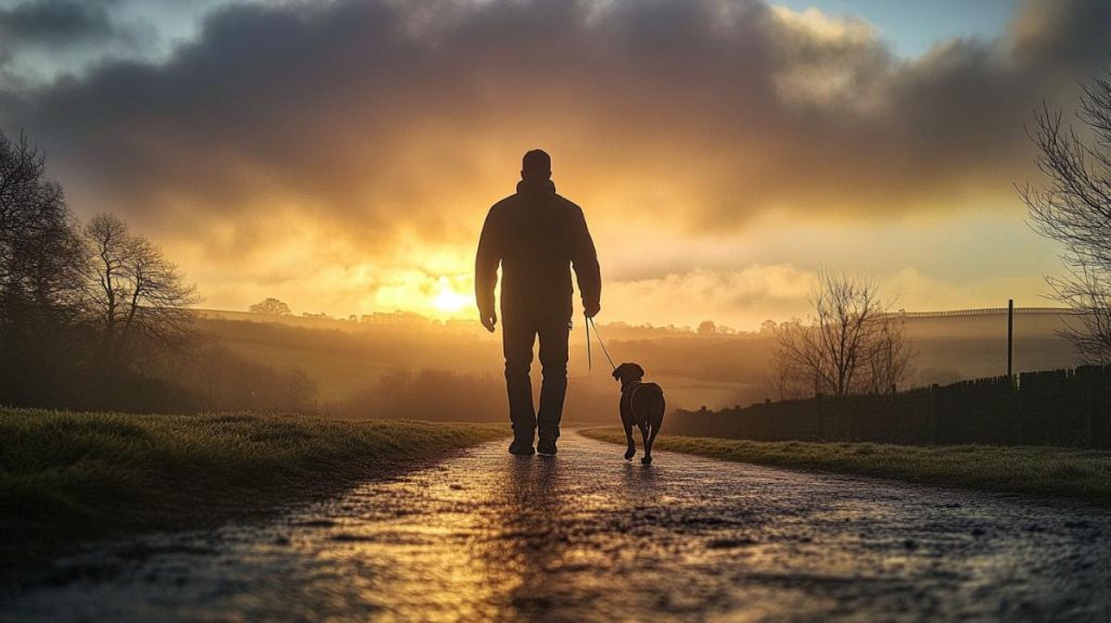 A man walking his pet dog