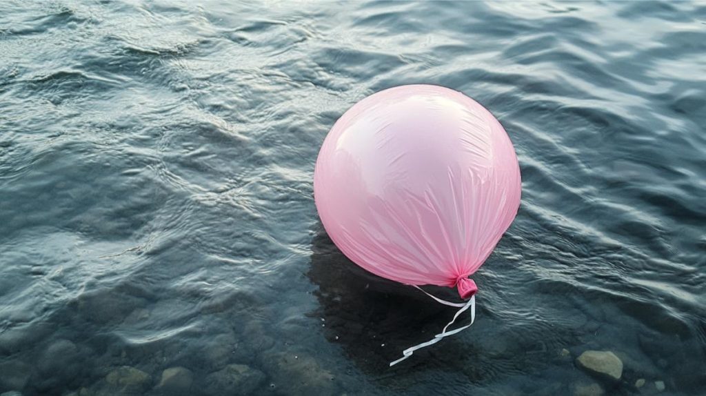 A partially deflated party balloon laying on the surface of a lake