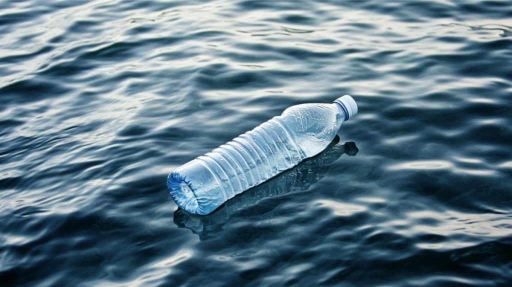 A plastic water bottle floating in the ocean