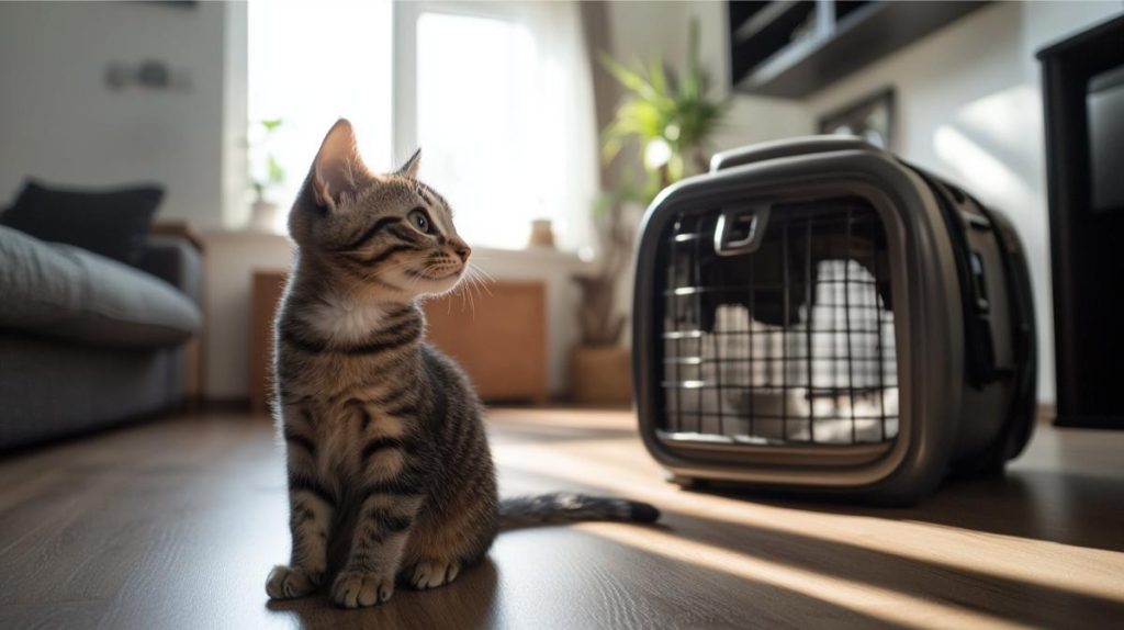 A small cat near a pet carrier in the living room