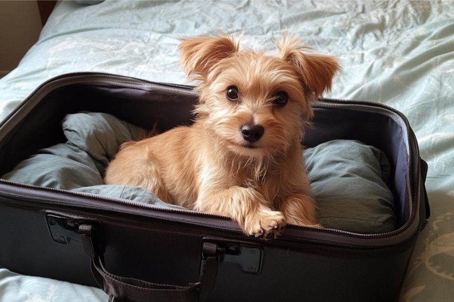 A small dog in a suitcase, ready for a trip