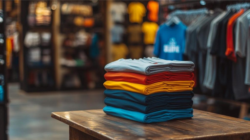 A stack of t-shirts at a local store