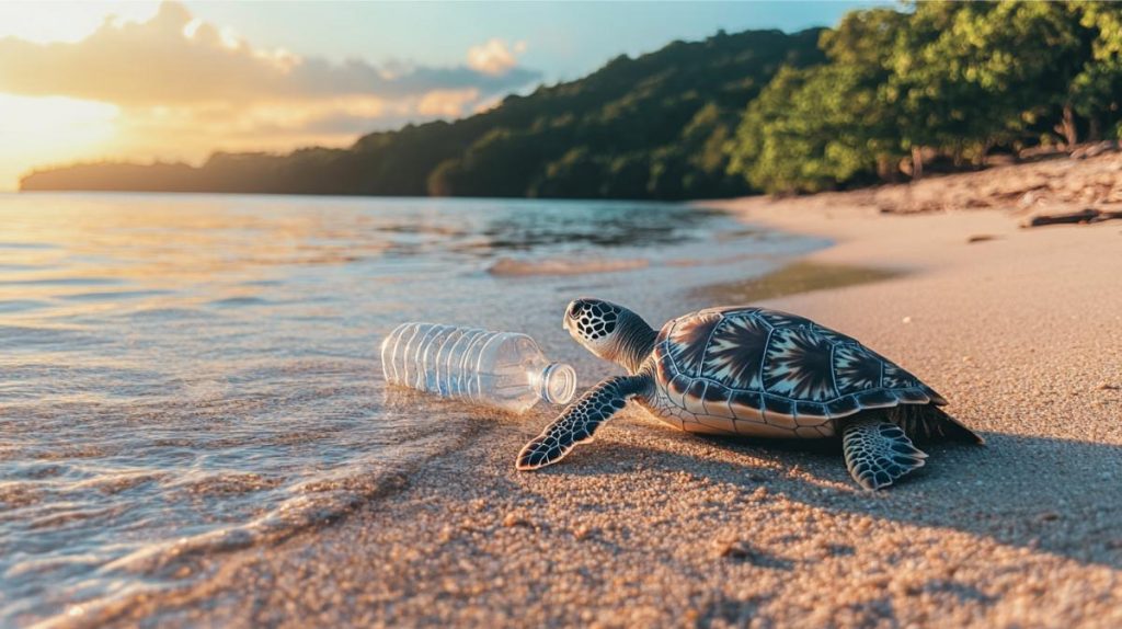 A turtle on the shoreline near a plastic water bottle