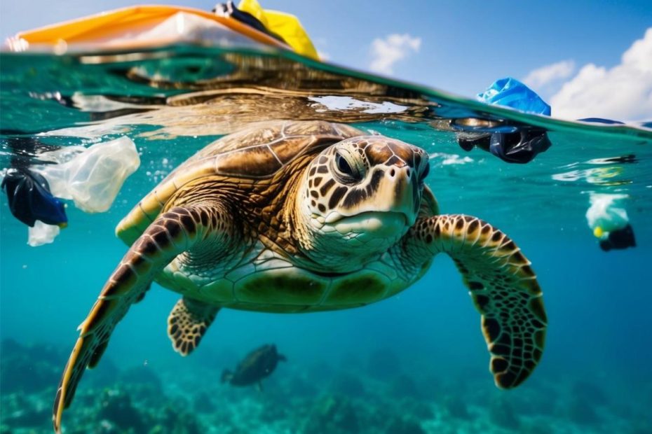 A turtle swimming through plastic debris in the ocean