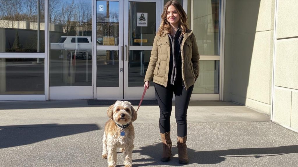 A woman and her dog leaving the vet