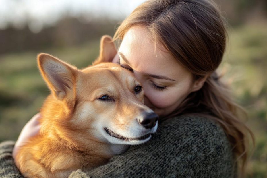 A woman hugging her new rescue dog