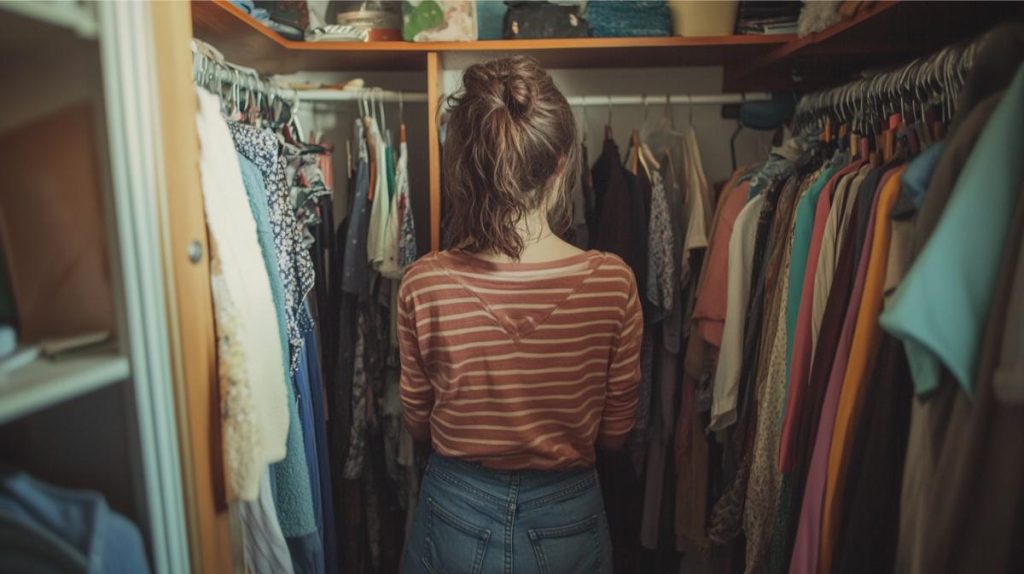 A woman looking through the clothes in her closet