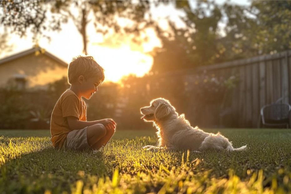 A young boy playing with his dog in the backyard