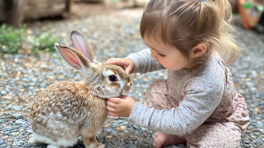 A young child petting a rabbit