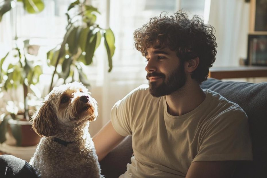 A young man with his emotional support animal in his apartment