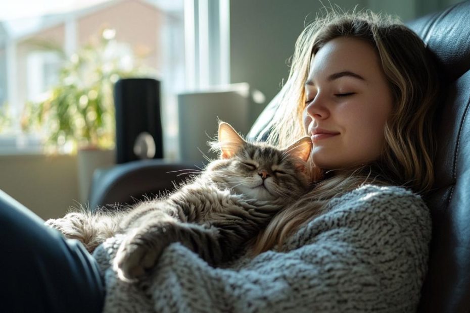 A young woman relaxing in a recliner with her pet cat