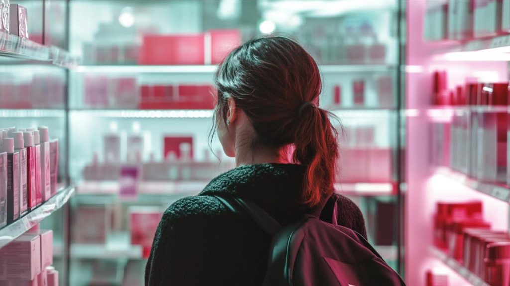 A young woman shopping for beauty products