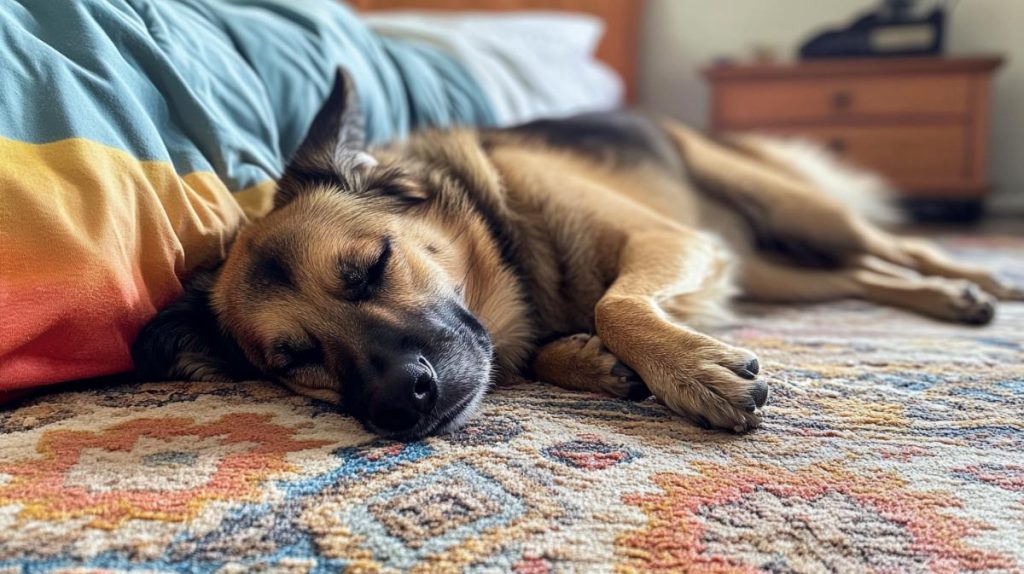 An emotional support dog laying next to their owner's bed