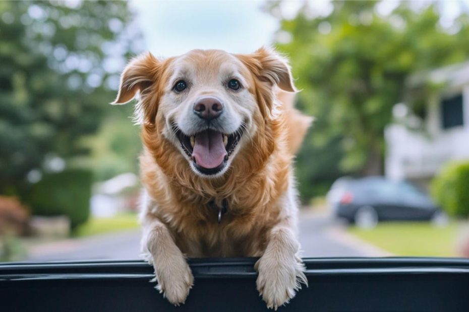 An excited dog leaning into the back of a car