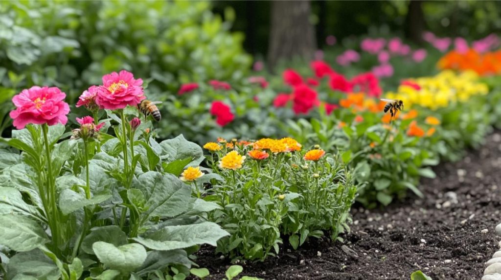 Bees pollinating flowers in a garden bed