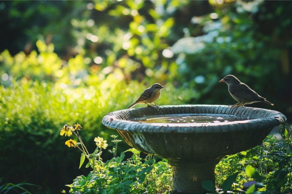 Birds on a birdbath in a backyard garden area