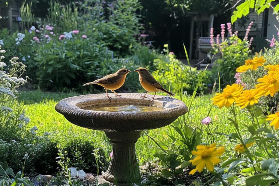 Birds on a birdbath in the backyard