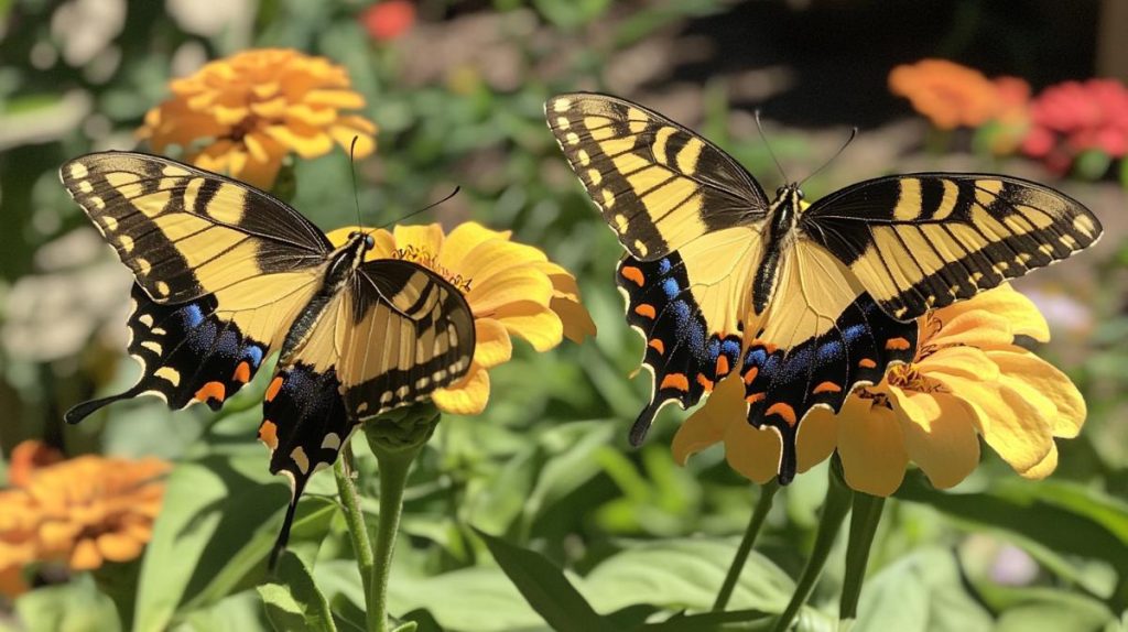 Butterflies near zinnias in the backyard