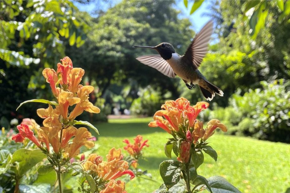 Close up of a hummingbird near flowers in the backyard