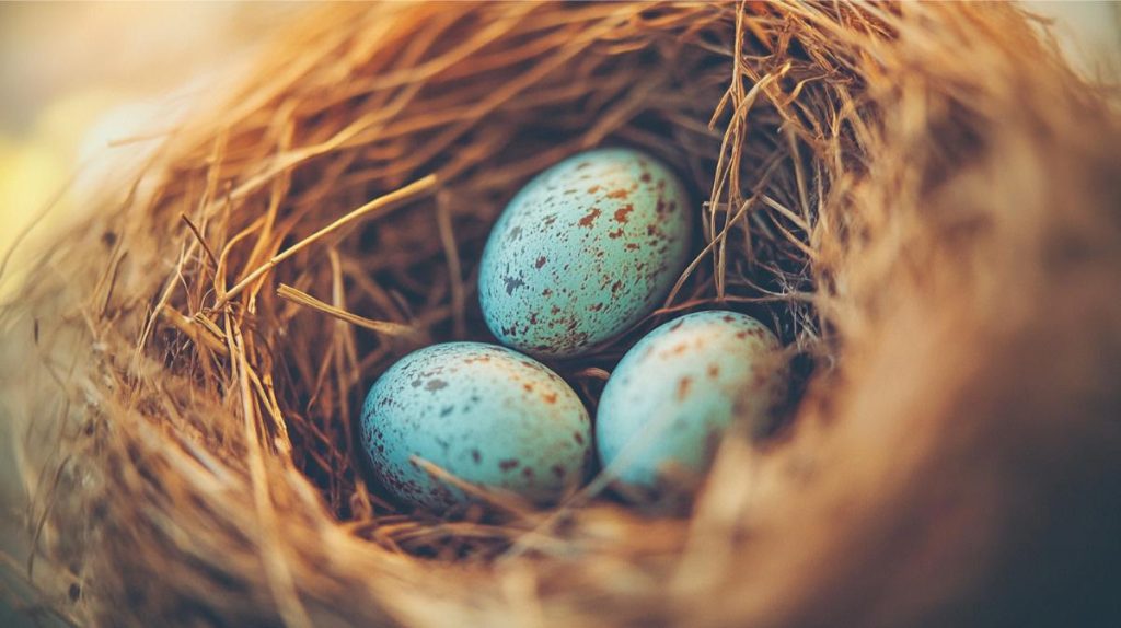 Close up of a robin's eggs in a nest