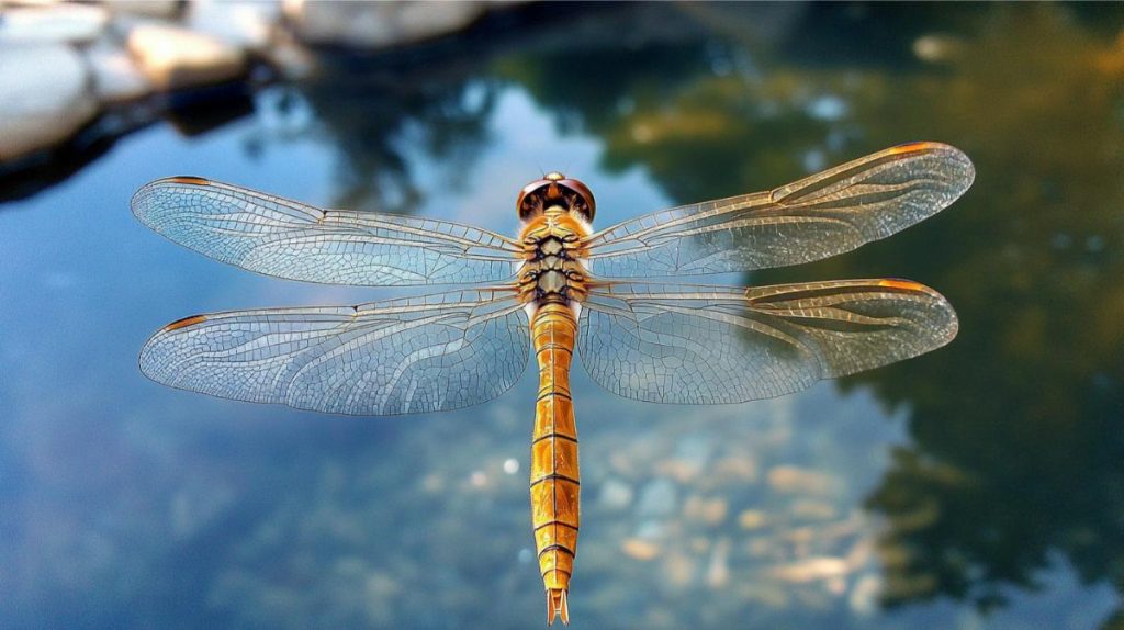 Close up shot of a dragonfly hovering over a man-made pond in the backyard