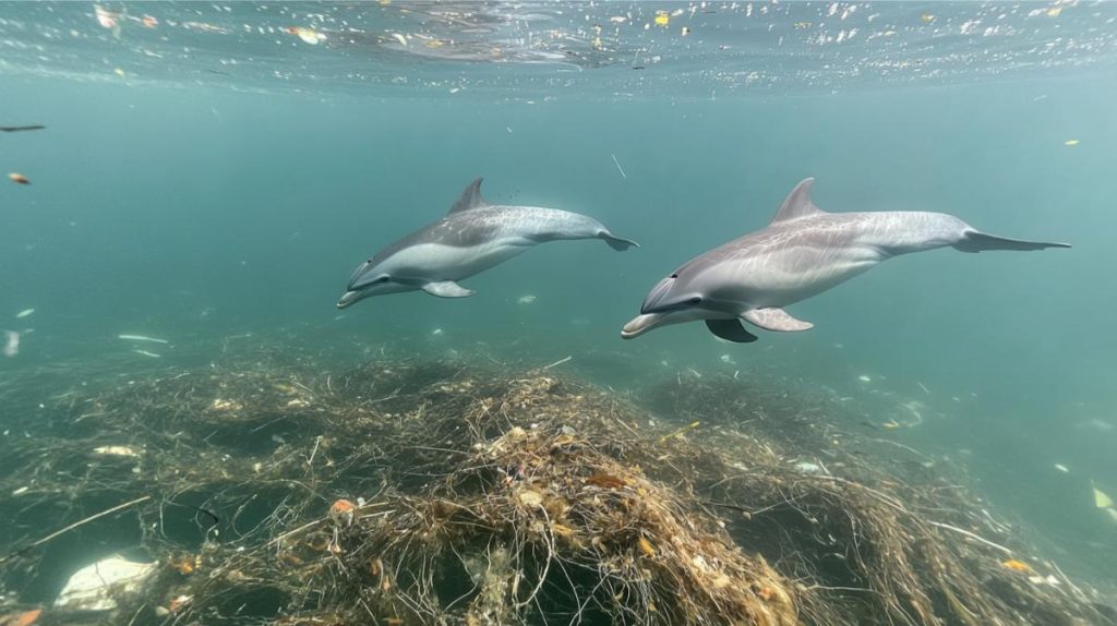 Dolphins swimming near discarded fishing line