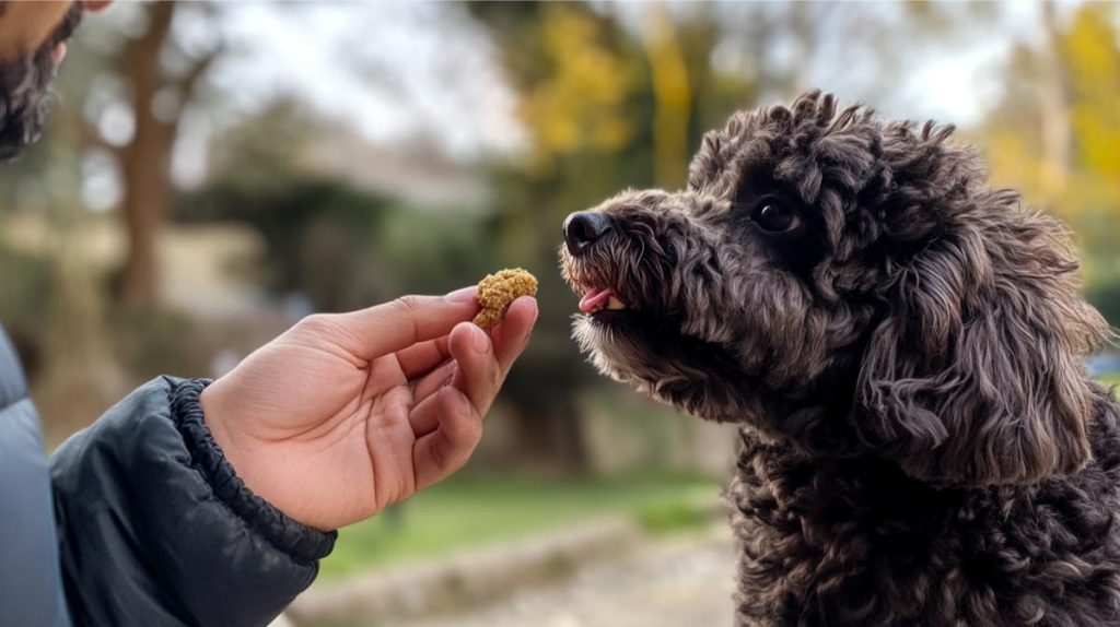 Feeding a dog a treat outside