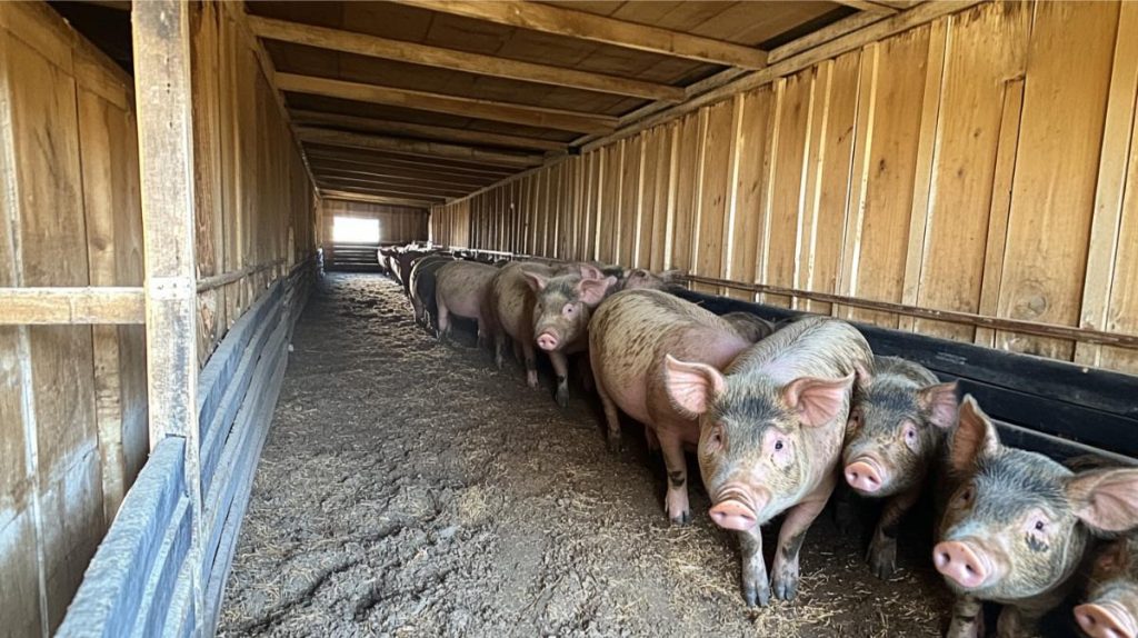 Pigs cramped into a small area at a farm