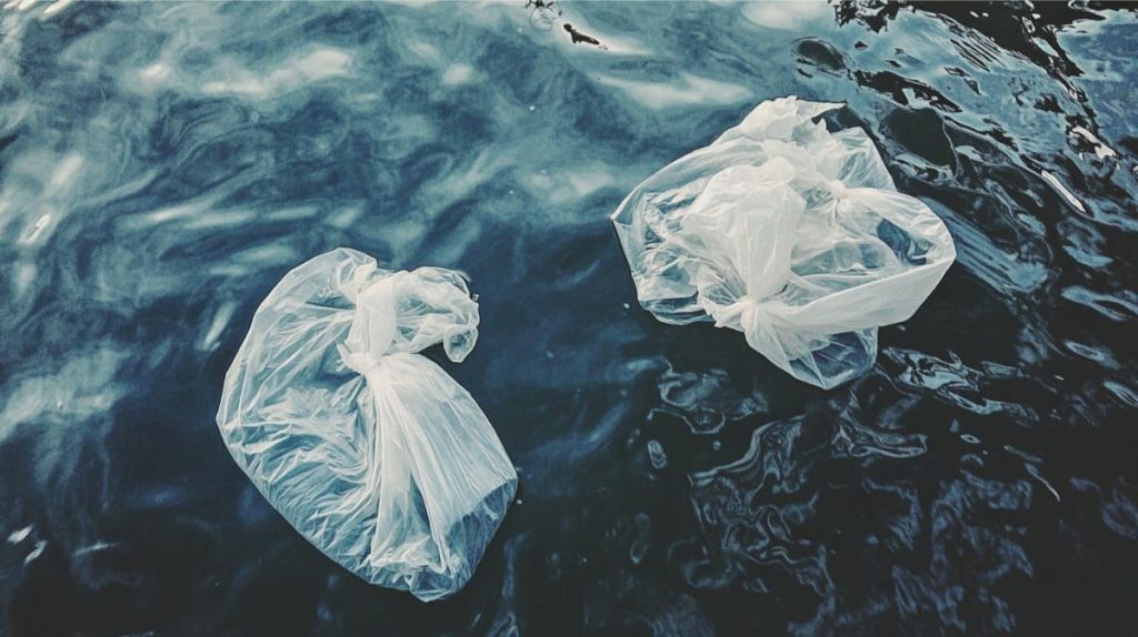 Plastic grocery bags floating on the surface of a lake