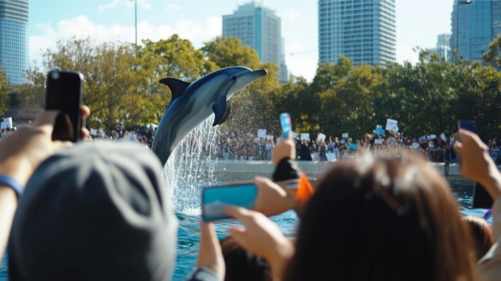 Protesters surrounding a dolphin show