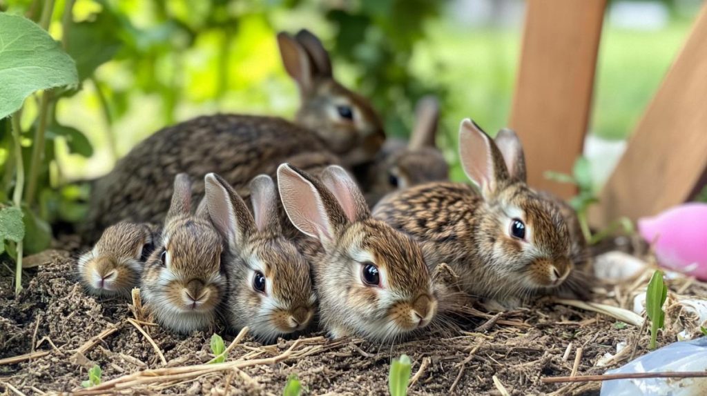 Several young rabbits in the backyard