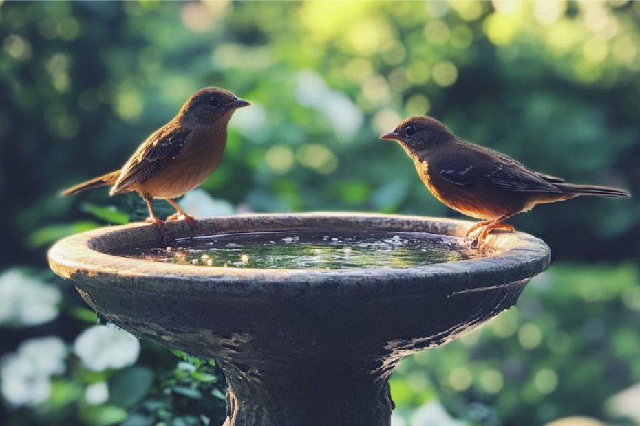 Two birds on a birdbath in the backyard