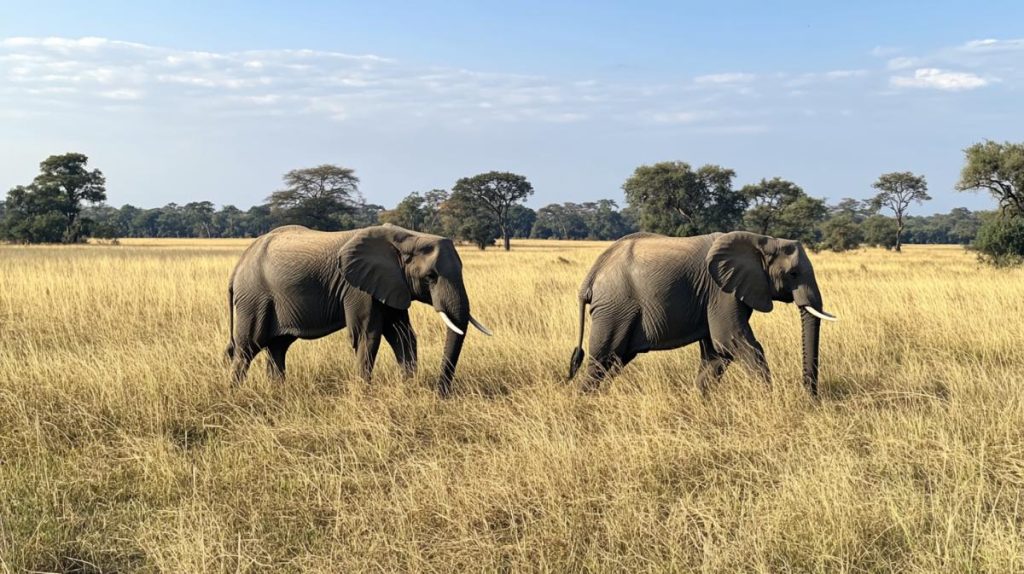 Two elephants walking across a field