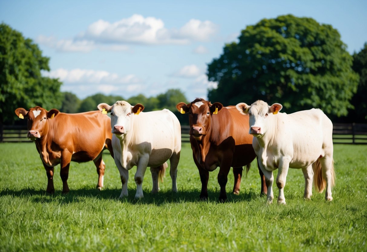 A group of farm animals stand in a lush green pasture, with a clear blue sky overhead. The animals appear healthy and well-cared for, creating a peaceful and idyllic scene