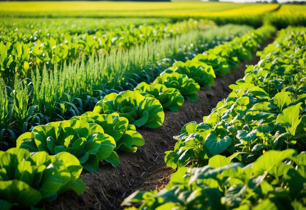 Lush green fields with diverse crops, healthy soil teeming with life, and thriving wildlife surrounding a small, sustainable farm