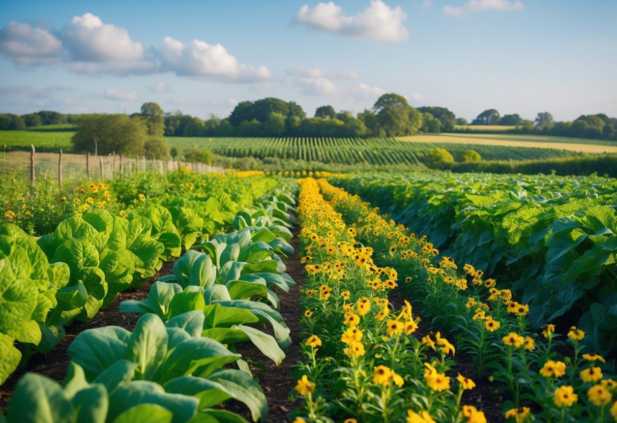 A lush, diverse farm landscape with healthy crops, blooming flowers, and thriving wildlife, showcasing the benefits of ethical farming over industrial methods