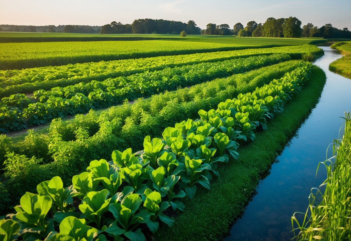 A lush green farm with diverse crops, free of chemical sprays, surrounded by healthy wildlife and clear waterways