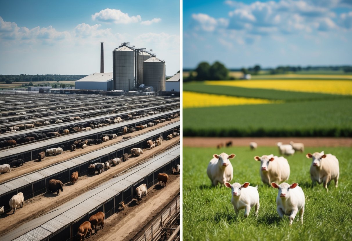 A sprawling industrial farm with crowded, unsanitary conditions contrasted with a small, sustainable farm with open fields and happy, healthy animals