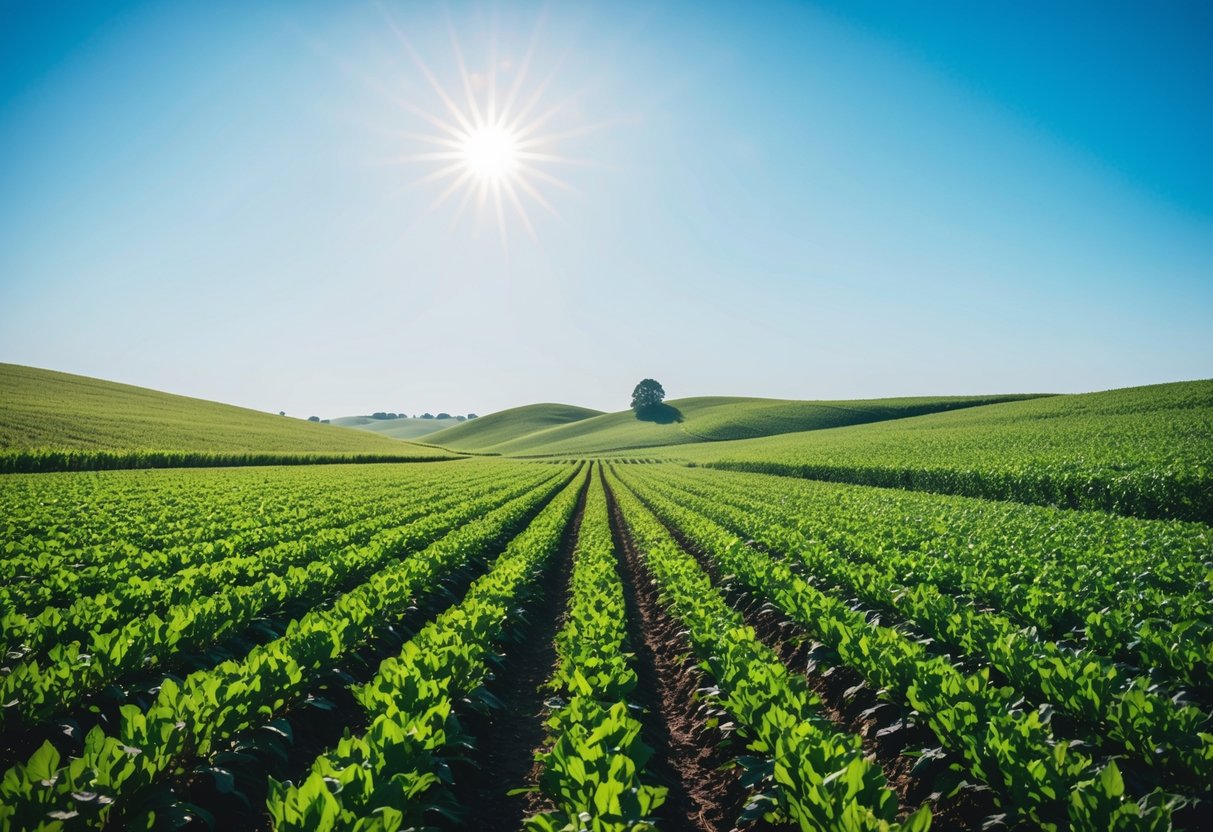 A lush green field with rows of crops under the bright sun, surrounded by rolling hills and a clear blue sky, showcasing the beauty of ethical farming