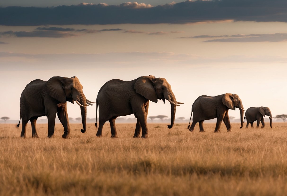 Elephants standing in a vast, open savanna, with one elephant emitting low-frequency calls while others listen and respond from a distance