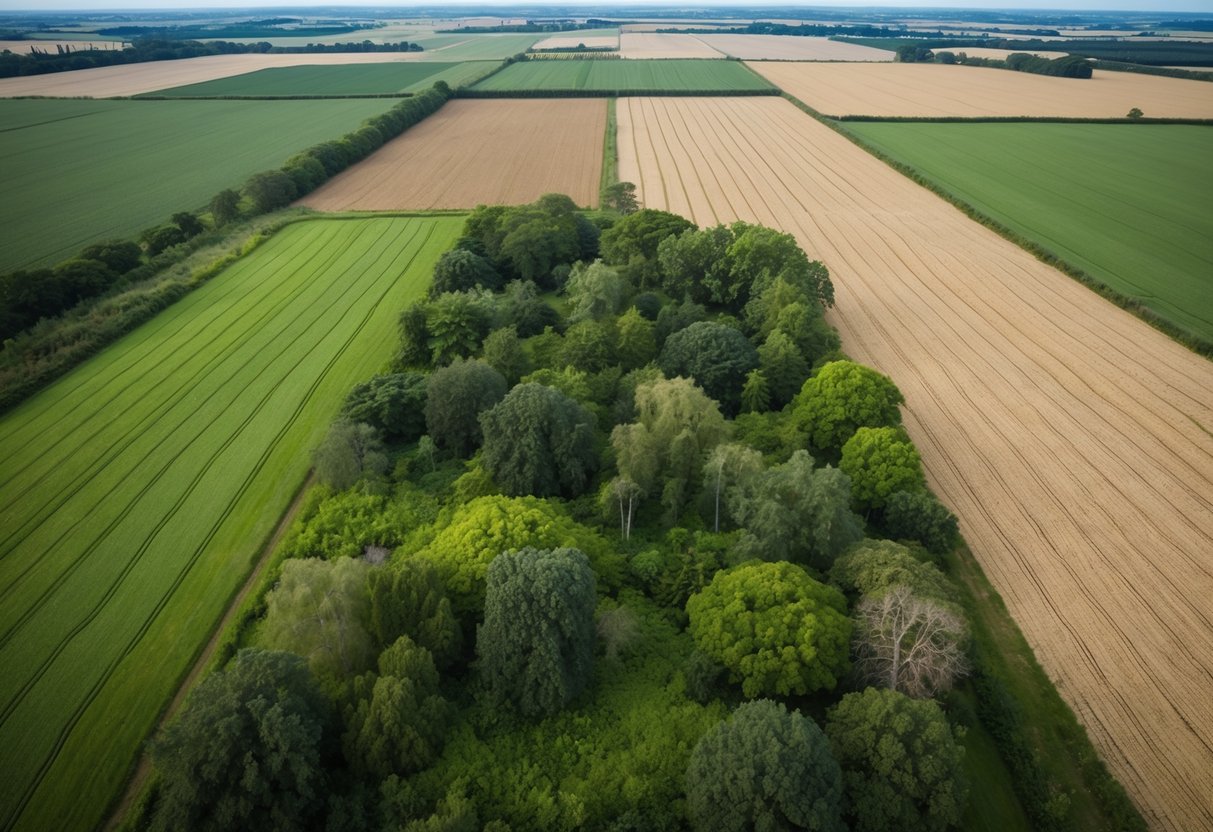 A vast expanse of farmland encroaching on a lush, diverse natural habitat, with trees, plants, and wildlife being pushed to the edges by the expanding agricultural fields