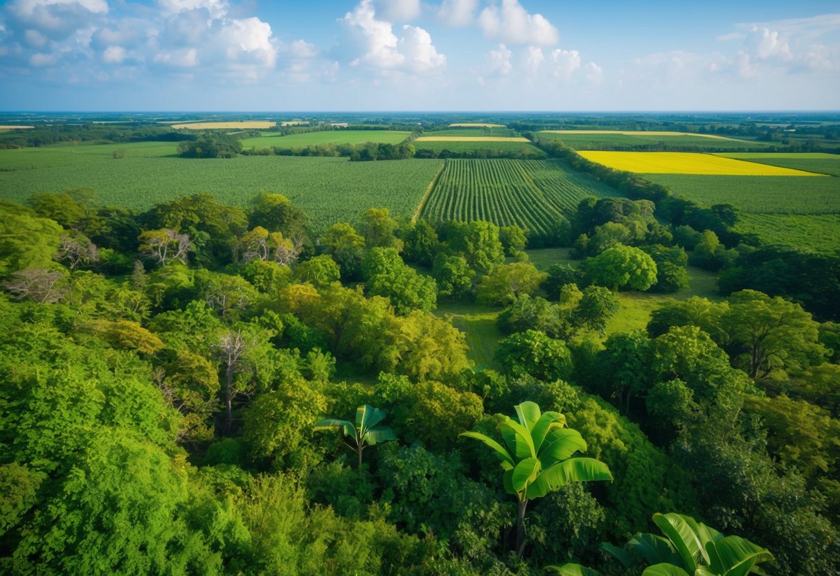 A lush, diverse natural habitat is overshadowed by encroaching agricultural fields, highlighting the conflict between human farming and preserving biodiversity