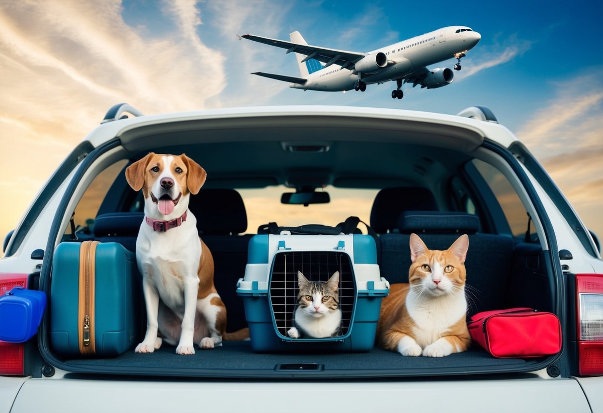 A dog and cat sit in a car with a carrier and travel essentials. A plane flies overhead with a pet in a carrier