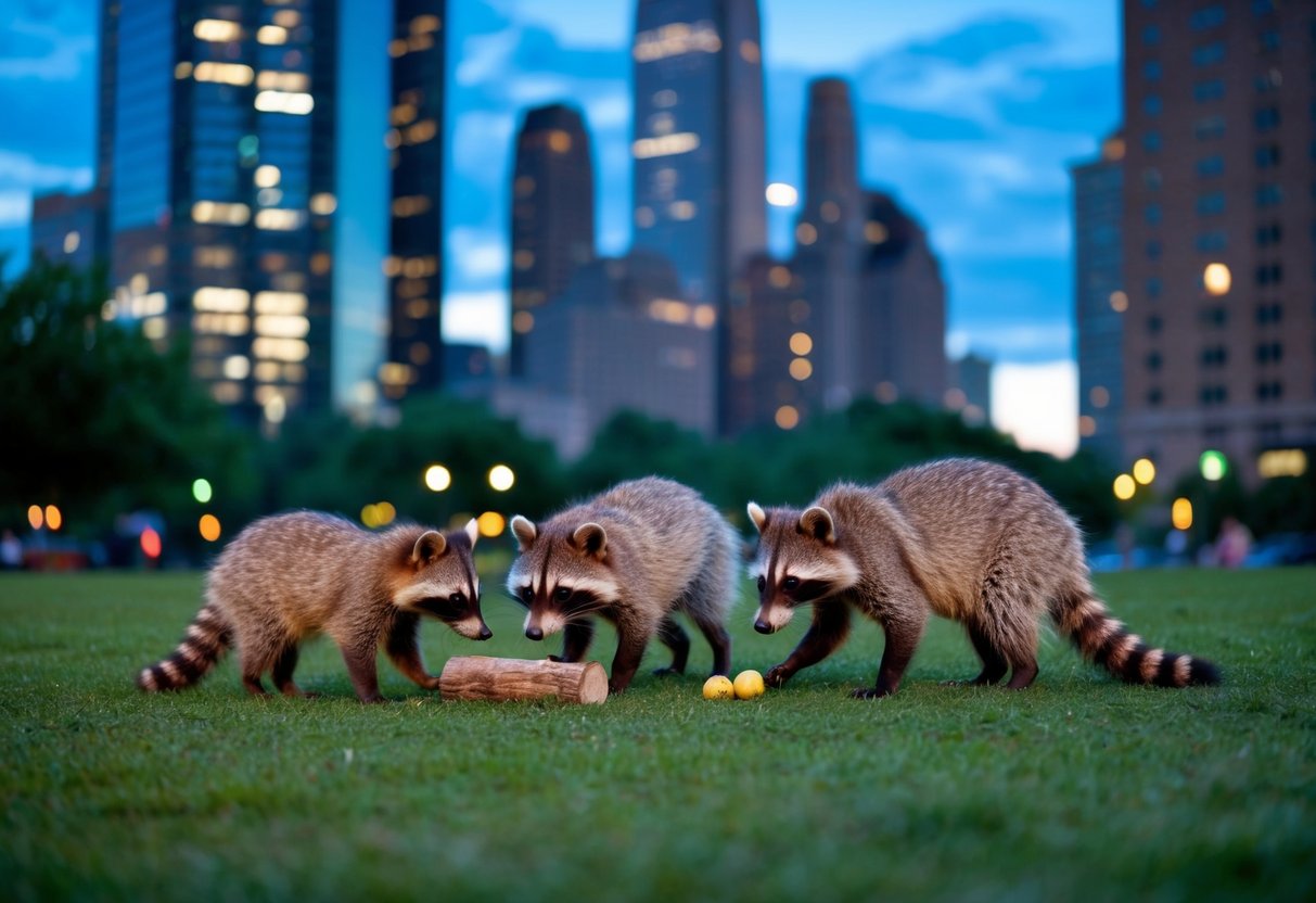 A raccoon family forages in a city park at dusk, with skyscrapers looming in the background